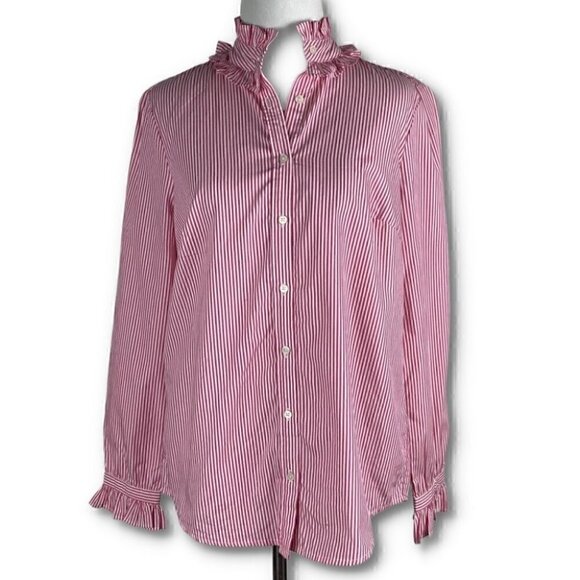 J Crew Re-imagined top style as700 size XS pink white pinstriped ruffle - Picture 1 of 13